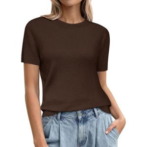 imagePRETTYGARDEN Womens Short Sleeve Sweaters 2026 Spring Crew Neck Knit Work Shirts Business Casual Tops Summer Fashion ClothesBrown