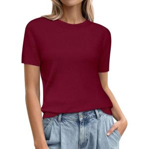 imagePRETTYGARDEN Womens Short Sleeve Sweaters 2026 Spring Crew Neck Knit Work Shirts Business Casual Tops Summer Fashion ClothesBurgundy