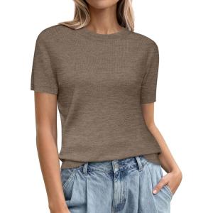 imagePRETTYGARDEN Womens Short Sleeve Sweaters 2026 Spring Crew Neck Knit Work Shirts Business Casual Tops Summer Fashion ClothesKhaki