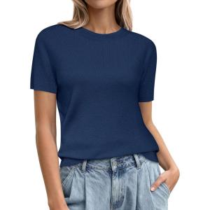 imagePRETTYGARDEN Womens Short Sleeve Sweaters 2026 Spring Crew Neck Knit Work Shirts Business Casual Tops Summer Fashion ClothesNavy Blue
