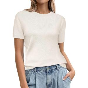 imagePRETTYGARDEN Womens Short Sleeve Sweaters 2026 Spring Crew Neck Knit Work Shirts Business Casual Tops Summer Fashion ClothesWhite