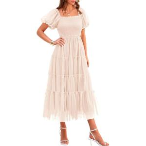 imagePRETTYGARDEN Womens Smocked Midi Tulle Dress 2026 Summer Puffy Short Sleeve Square Neck Ruffle Wedding Guest Party DressesBeige