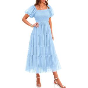 imagePRETTYGARDEN Womens Smocked Midi Tulle Dress 2026 Summer Puffy Short Sleeve Square Neck Ruffle Wedding Guest Party DressesLight Blue