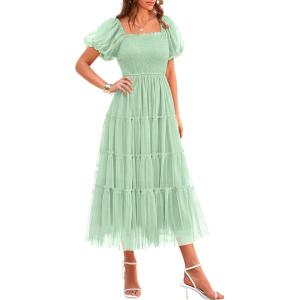 imagePRETTYGARDEN Womens Smocked Midi Tulle Dress 2026 Summer Puffy Short Sleeve Square Neck Ruffle Wedding Guest Party DressesLight Green