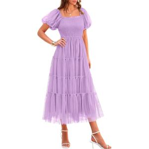 imagePRETTYGARDEN Womens Smocked Midi Tulle Dress 2026 Summer Puffy Short Sleeve Square Neck Ruffle Wedding Guest Party DressesLight Purple