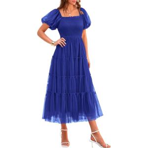 imagePRETTYGARDEN Womens Smocked Midi Tulle Dress 2026 Summer Puffy Short Sleeve Square Neck Ruffle Wedding Guest Party DressesRoyal Blue