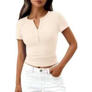 imagePRETTYGARDEN Womens Summer Short Sleeve Tops 2026 Spring Casual V Neck Henley Button Up T Shirts Dressy Ribbed Knit BlousesBeige