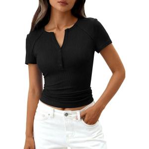 imagePRETTYGARDEN Womens Summer Short Sleeve Tops 2026 Spring Casual V Neck Henley Button Up T Shirts Dressy Ribbed Knit BlousesBlack