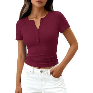 imagePRETTYGARDEN Womens Summer Short Sleeve Tops 2026 Spring Casual V Neck Henley Button Up T Shirts Dressy Ribbed Knit BlousesBurgundy