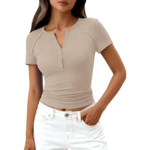 imagePRETTYGARDEN Womens Summer Short Sleeve Tops 2026 Spring Casual V Neck Henley Button Up T Shirts Dressy Ribbed Knit BlousesLight Khaki