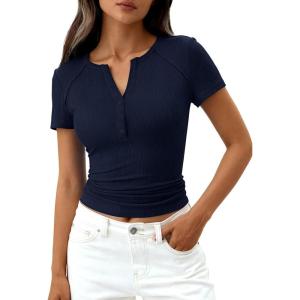 imagePRETTYGARDEN Womens Summer Short Sleeve Tops 2026 Spring Casual V Neck Henley Button Up T Shirts Dressy Ribbed Knit BlousesNavy