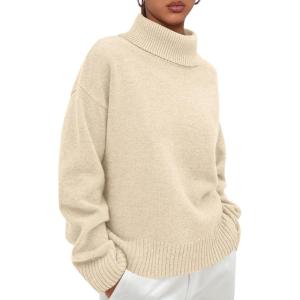 imagePRETTYGARDEN Womens Turtleneck Long Sleeve Sweater 2026 Fall Trendy Loose Fit Casual Tops Chunky Knit Pullover SweatersBeige