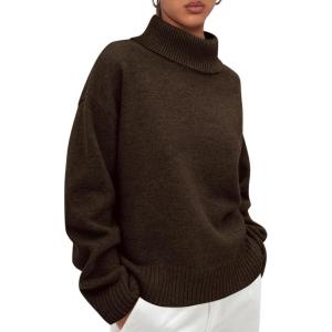 imagePRETTYGARDEN Womens Turtleneck Long Sleeve Sweater 2026 Fall Trendy Loose Fit Casual Tops Chunky Knit Pullover SweatersBrown
