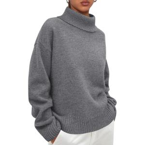 imagePRETTYGARDEN Womens Turtleneck Long Sleeve Sweater 2026 Fall Trendy Loose Fit Casual Tops Chunky Knit Pullover SweatersGrey