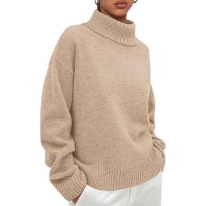 imagePRETTYGARDEN Womens Turtleneck Long Sleeve Sweater 2026 Fall Trendy Loose Fit Casual Tops Chunky Knit Pullover SweatersKhaki