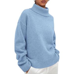 imagePRETTYGARDEN Womens Turtleneck Long Sleeve Sweater 2026 Fall Trendy Loose Fit Casual Tops Chunky Knit Pullover SweatersLight Blue