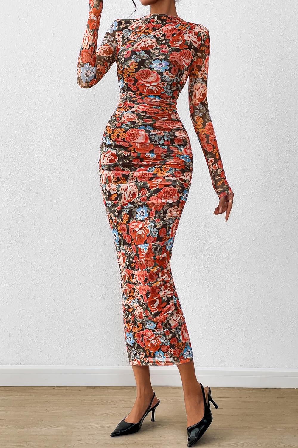 imagePRETTYGARDEN Womens Long Sleeve Maxi Dresses 2026 Spring Ruched Bodycon Floral Mesh Formal Wedding Guest Cocktail Party DressBlack Multicolored Floral