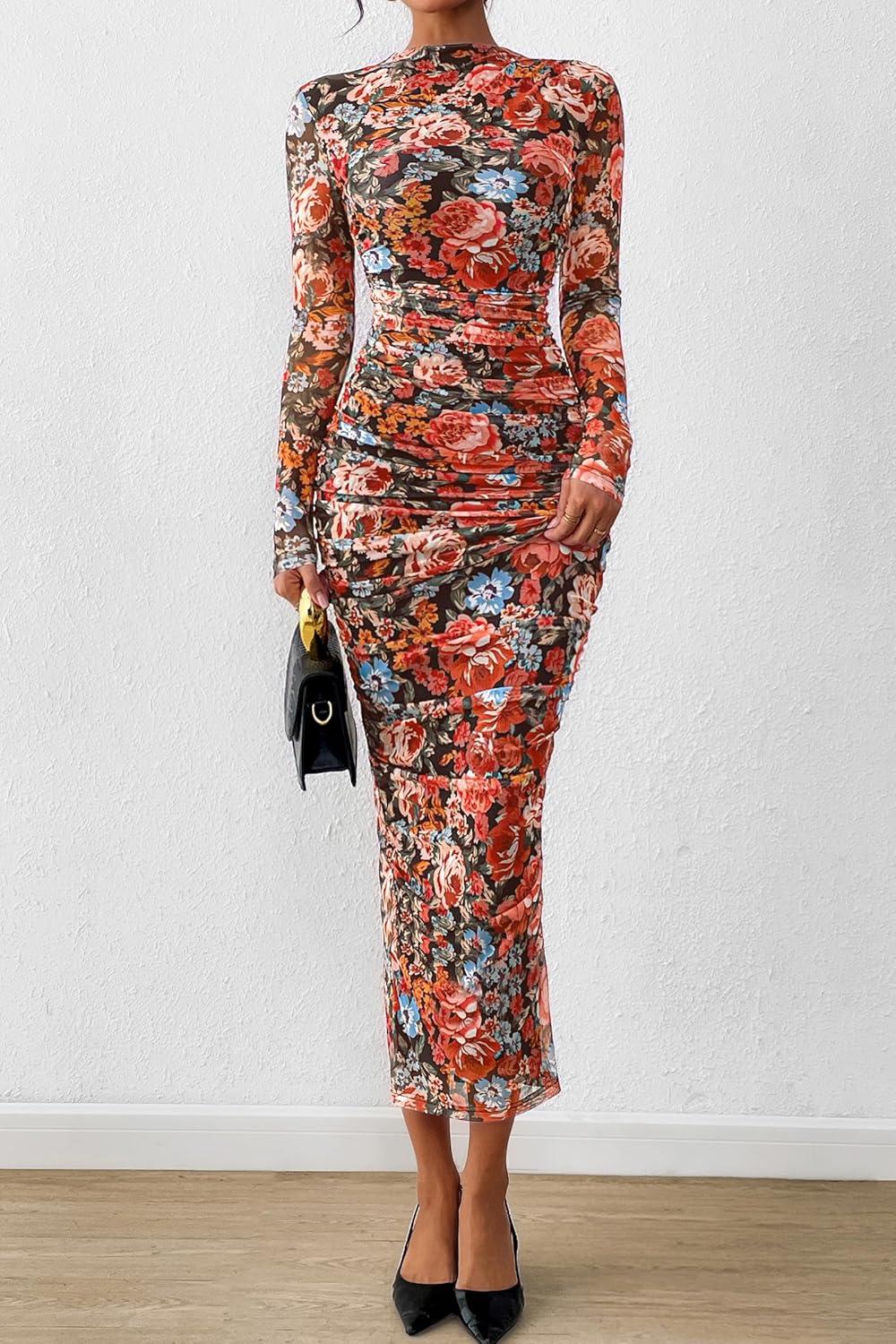imagePRETTYGARDEN Womens Long Sleeve Maxi Dresses 2026 Spring Ruched Bodycon Floral Mesh Formal Wedding Guest Cocktail Party DressBlack Multicolored Floral