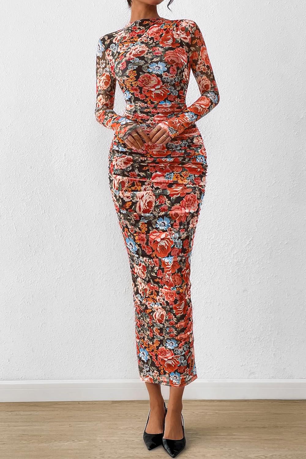 imagePRETTYGARDEN Womens Long Sleeve Maxi Dresses 2026 Spring Ruched Bodycon Floral Mesh Formal Wedding Guest Cocktail Party DressBlack Multicolored Floral
