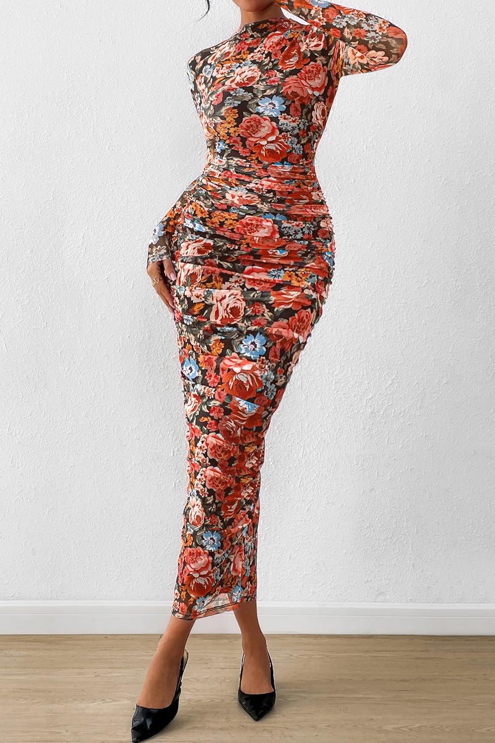 imagePRETTYGARDEN Womens Long Sleeve Maxi Dresses 2026 Spring Ruched Bodycon Floral Mesh Formal Wedding Guest Cocktail Party DressBlack Multicolored Floral