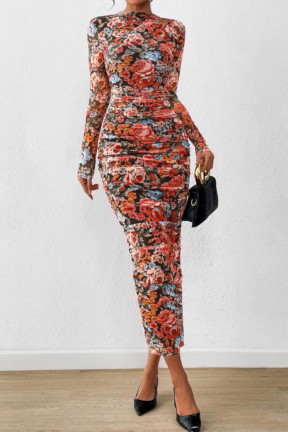 imagePRETTYGARDEN Womens Long Sleeve Maxi Dresses 2026 Spring Ruched Bodycon Floral Mesh Formal Wedding Guest Cocktail Party DressBlack Multicolored Floral