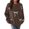imagePRETTYGARDEN Fall Long Sleeve Pullover Sweaters for Women 2026 Trendy Crewneck Casual Cute Bow Chunky Knit Oversized SweaterBrown