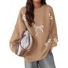 imagePRETTYGARDEN Fall Long Sleeve Pullover Sweaters for Women 2026 Trendy Crewneck Casual Cute Bow Chunky Knit Oversized SweaterCamel
