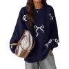 imagePRETTYGARDEN Fall Long Sleeve Pullover Sweaters for Women 2026 Trendy Crewneck Casual Cute Bow Chunky Knit Oversized SweaterNavy Blue