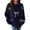 imagePRETTYGARDEN Fall Long Sleeve Pullover Sweaters for Women 2026 Trendy Crewneck Casual Cute Bow Chunky Knit Oversized SweaterNavy Blue