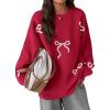imagePRETTYGARDEN Fall Long Sleeve Pullover Sweaters for Women 2026 Trendy Crewneck Casual Cute Bow Chunky Knit Oversized SweaterRed