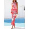 imagePRETTYGARDEN Summer Dresses for Women 2026 Sleeveless Bodycon Maxi Spring Mock Neck Tie Dye Mesh Cocktail Going Out DressPink Floral