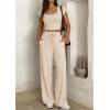 imagePRETTYGARDEN Womens 2 Piece Matching Lounge Sets Ribbed Short Sleeve Crop Tops Wide Leg Pants 2026 Summer Airport OutfitsBeige