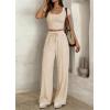 imagePRETTYGARDEN Womens 2 Piece Matching Lounge Sets Ribbed Short Sleeve Crop Tops Wide Leg Pants 2026 Summer Airport OutfitsBeige