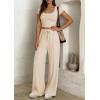 imagePRETTYGARDEN Womens 2 Piece Matching Lounge Sets Ribbed Short Sleeve Crop Tops Wide Leg Pants 2026 Summer Airport OutfitsBeige