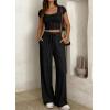imagePRETTYGARDEN Womens 2 Piece Matching Lounge Sets Ribbed Short Sleeve Crop Tops Wide Leg Pants 2026 Summer Airport OutfitsBlack