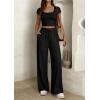 imagePRETTYGARDEN Womens 2 Piece Matching Lounge Sets Ribbed Short Sleeve Crop Tops Wide Leg Pants 2026 Summer Airport OutfitsBlack