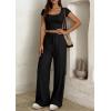 imagePRETTYGARDEN Womens 2 Piece Matching Lounge Sets Ribbed Short Sleeve Crop Tops Wide Leg Pants 2026 Summer Airport OutfitsBlack