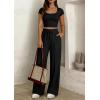 imagePRETTYGARDEN Womens 2 Piece Matching Lounge Sets Ribbed Short Sleeve Crop Tops Wide Leg Pants 2026 Summer Airport OutfitsBlack