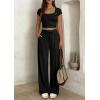 imagePRETTYGARDEN Womens 2 Piece Matching Lounge Sets Ribbed Short Sleeve Crop Tops Wide Leg Pants 2026 Summer Airport OutfitsBlack