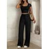 imagePRETTYGARDEN Womens 2 Piece Matching Lounge Sets Ribbed Short Sleeve Crop Tops Wide Leg Pants 2026 Summer Airport OutfitsBlack