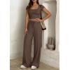 imagePRETTYGARDEN Womens 2 Piece Matching Lounge Sets Ribbed Short Sleeve Crop Tops Wide Leg Pants 2026 Summer Airport OutfitsBrown