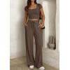 imagePRETTYGARDEN Womens 2 Piece Matching Lounge Sets Ribbed Short Sleeve Crop Tops Wide Leg Pants 2026 Summer Airport OutfitsBrown