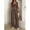 imagePRETTYGARDEN Womens 2 Piece Matching Lounge Sets Ribbed Short Sleeve Crop Tops Wide Leg Pants 2026 Summer Airport OutfitsBrown