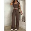 imagePRETTYGARDEN Womens 2 Piece Matching Lounge Sets Ribbed Short Sleeve Crop Tops Wide Leg Pants 2026 Summer Airport OutfitsBrown