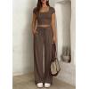 imagePRETTYGARDEN Womens 2 Piece Matching Lounge Sets Ribbed Short Sleeve Crop Tops Wide Leg Pants 2026 Summer Airport OutfitsBrown