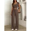 imagePRETTYGARDEN Womens 2 Piece Matching Lounge Sets Ribbed Short Sleeve Crop Tops Wide Leg Pants 2026 Summer Airport OutfitsBrown