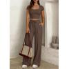 imagePRETTYGARDEN Womens 2 Piece Matching Lounge Sets Ribbed Short Sleeve Crop Tops Wide Leg Pants 2026 Summer Airport OutfitsBrown