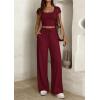imagePRETTYGARDEN Womens 2 Piece Matching Lounge Sets Ribbed Short Sleeve Crop Tops Wide Leg Pants 2026 Summer Airport OutfitsBurgundy