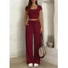imagePRETTYGARDEN Womens 2 Piece Matching Lounge Sets Ribbed Short Sleeve Crop Tops Wide Leg Pants 2026 Summer Airport OutfitsBurgundy