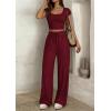 imagePRETTYGARDEN Womens 2 Piece Matching Lounge Sets Ribbed Short Sleeve Crop Tops Wide Leg Pants 2026 Summer Airport OutfitsBurgundy